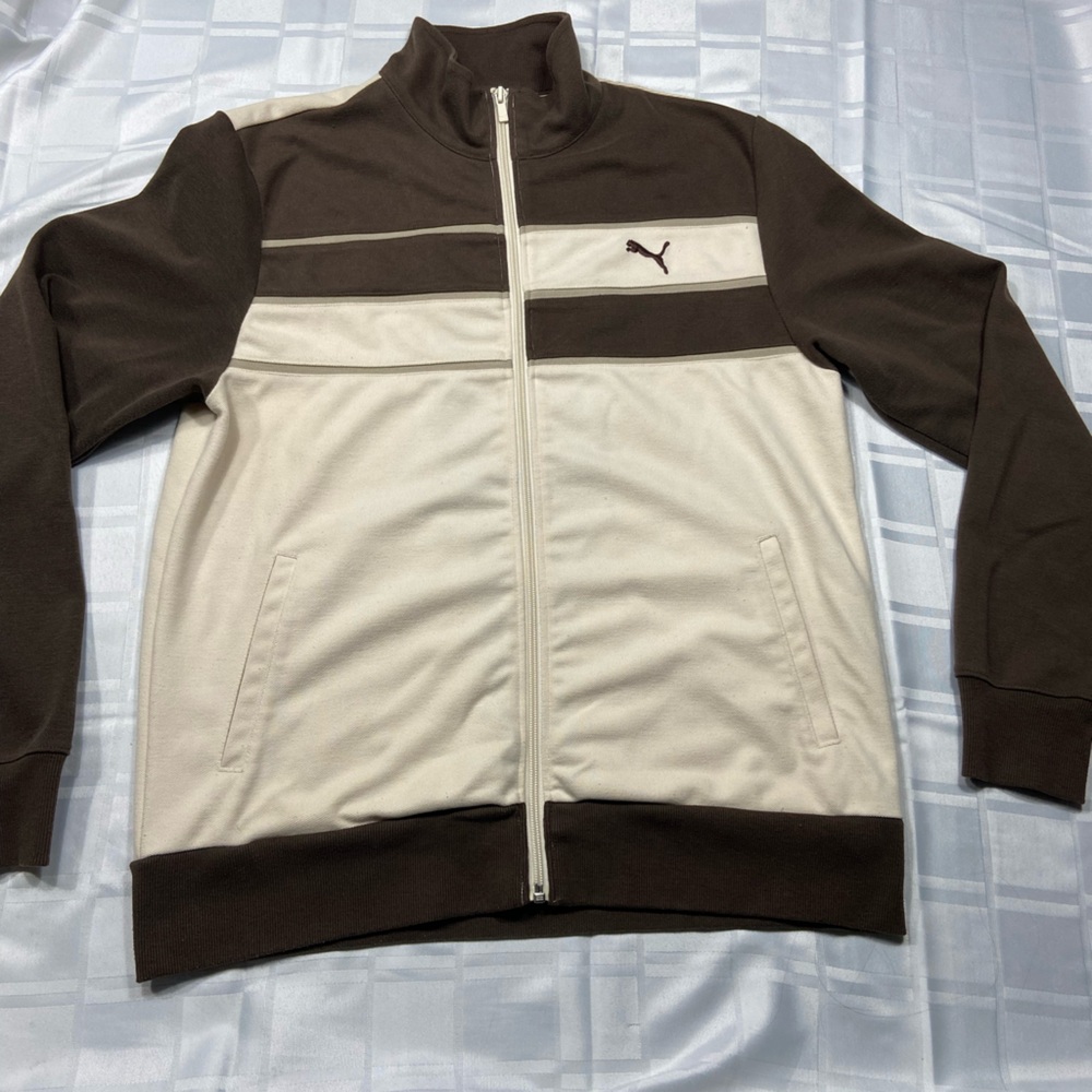 Vintage Puma Chocolate and Ivory Athletic Zip-Up Jacket